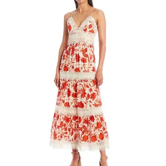 NWT Antonio Melani Red Orange and Ivory Floral Maxi Dress with Lace Size 2 - Picture 3 of 9